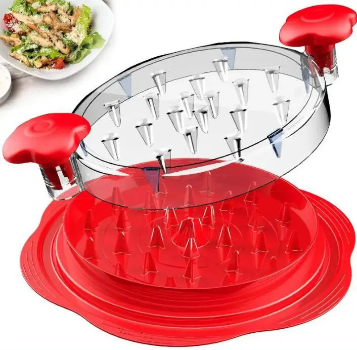 A red heavy duty meat shredder tool with a clear bowl and multiple spikes is shown on a red tray.