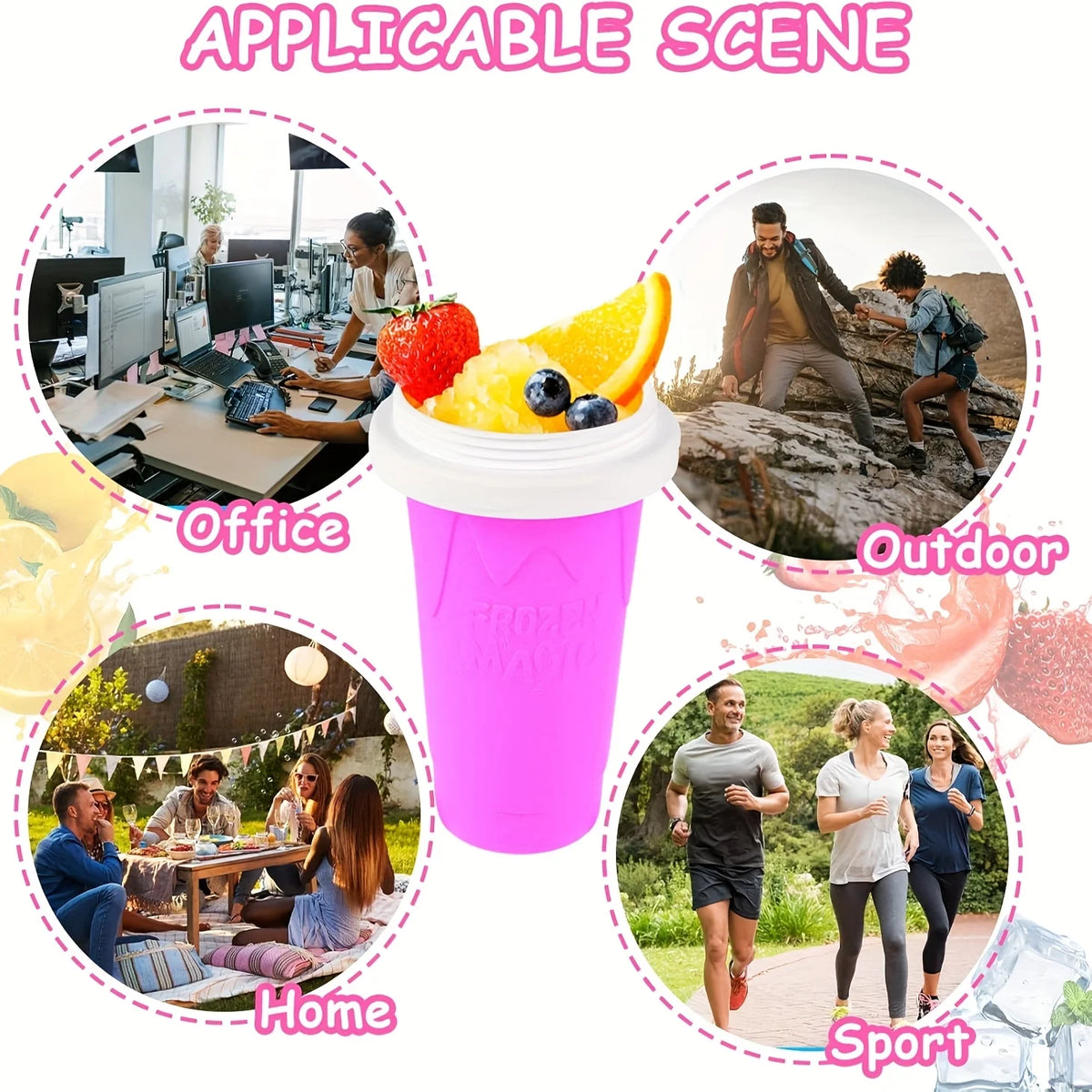 A pink DIY slushy maker cup shown in various applicable scenes including office, outdoor, home, and sport.