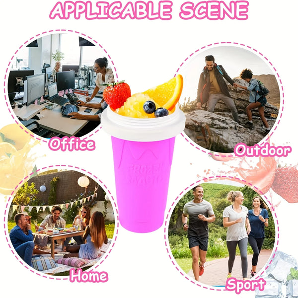 Rosa DIY-Slushy-Maker-Becher in verschiedenen Szenen: Büro, draußen, zu Hause und Sport.