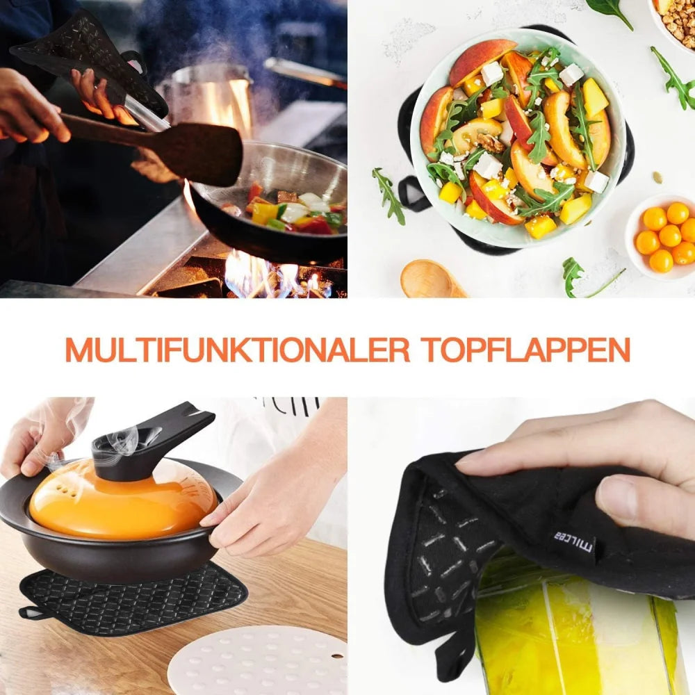 A set of four heat resistant silicone oven gloves and pot pads used for cooking.