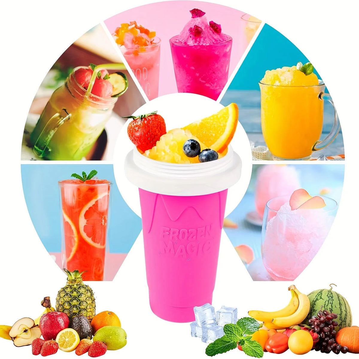 A pink DIY slushy maker cup surrounded by various colorful fruit ingredients and finished slushy drinks.
