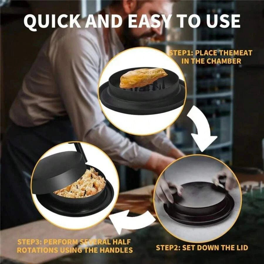 A person demonstrates how to use a heavy duty meat shredder tool by placing and rotating the lid in a chamber.