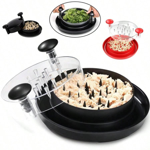 A heavy duty meat shredder tool is shown with various attachments and a large bowl of shredded meat.