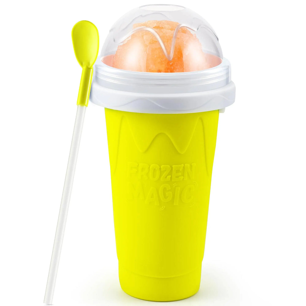A yellow DIY slushy maker cup with a clear lid containing orange frozen fruit and a yellow straw.