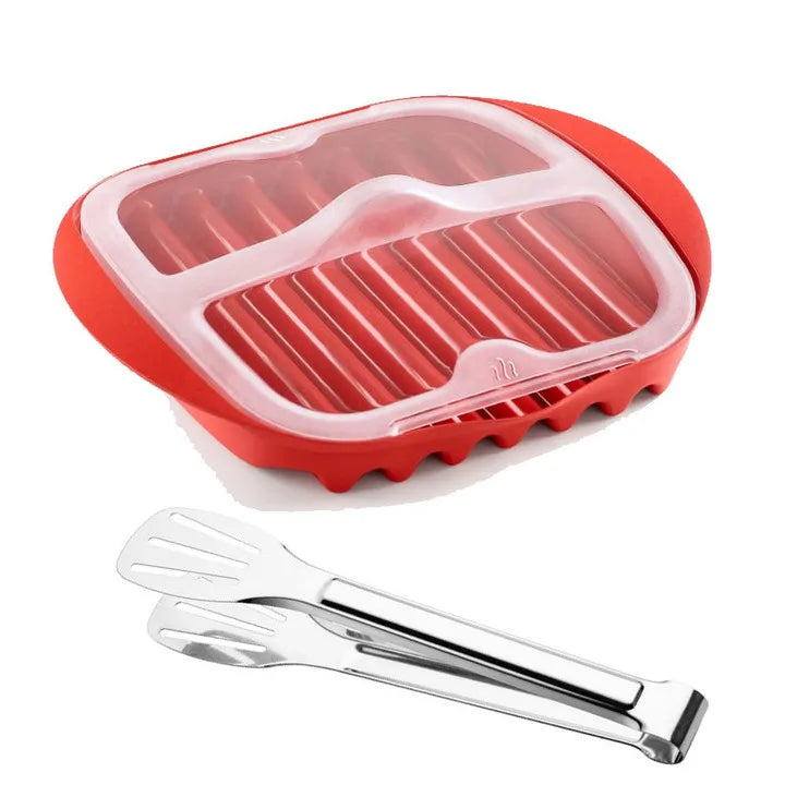Red silicone microwave bacon maker pan and a stainless steel spatula.