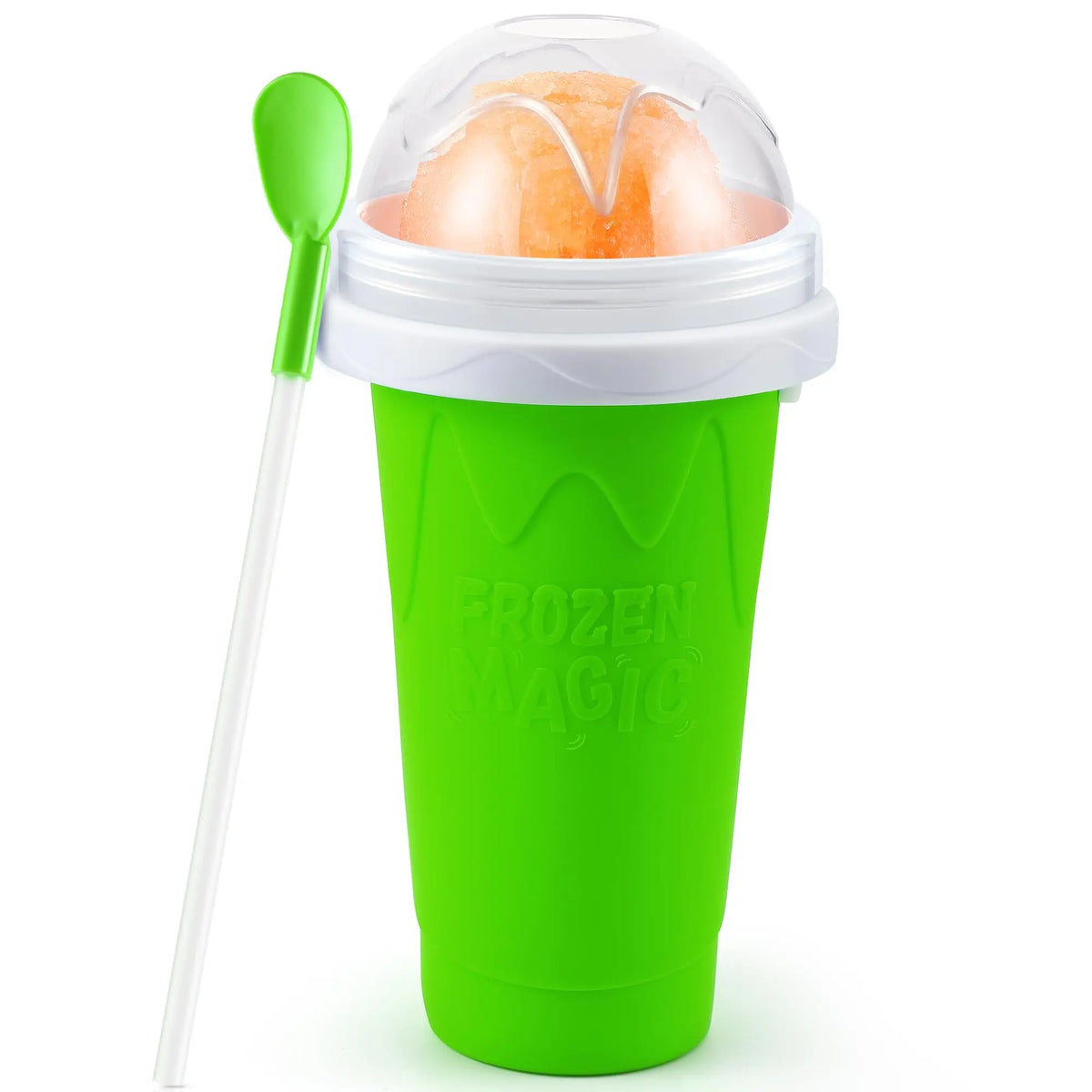 A green cup with a clear lid containing frozen fruit for making a DIY slushy.