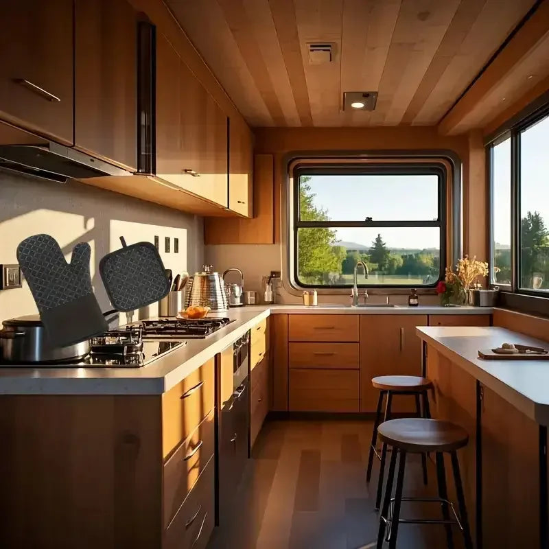 A kitchen counter with a modern faucet and wooden cabinetry, featuring a set of silicone oven gloves and pot pads.