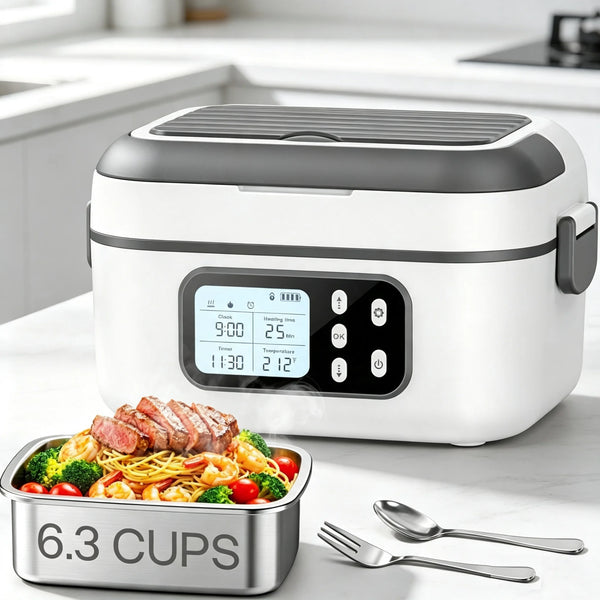 A white electric heating lunch box with a digital timer sits next to a stainless steel meal container and silverware.