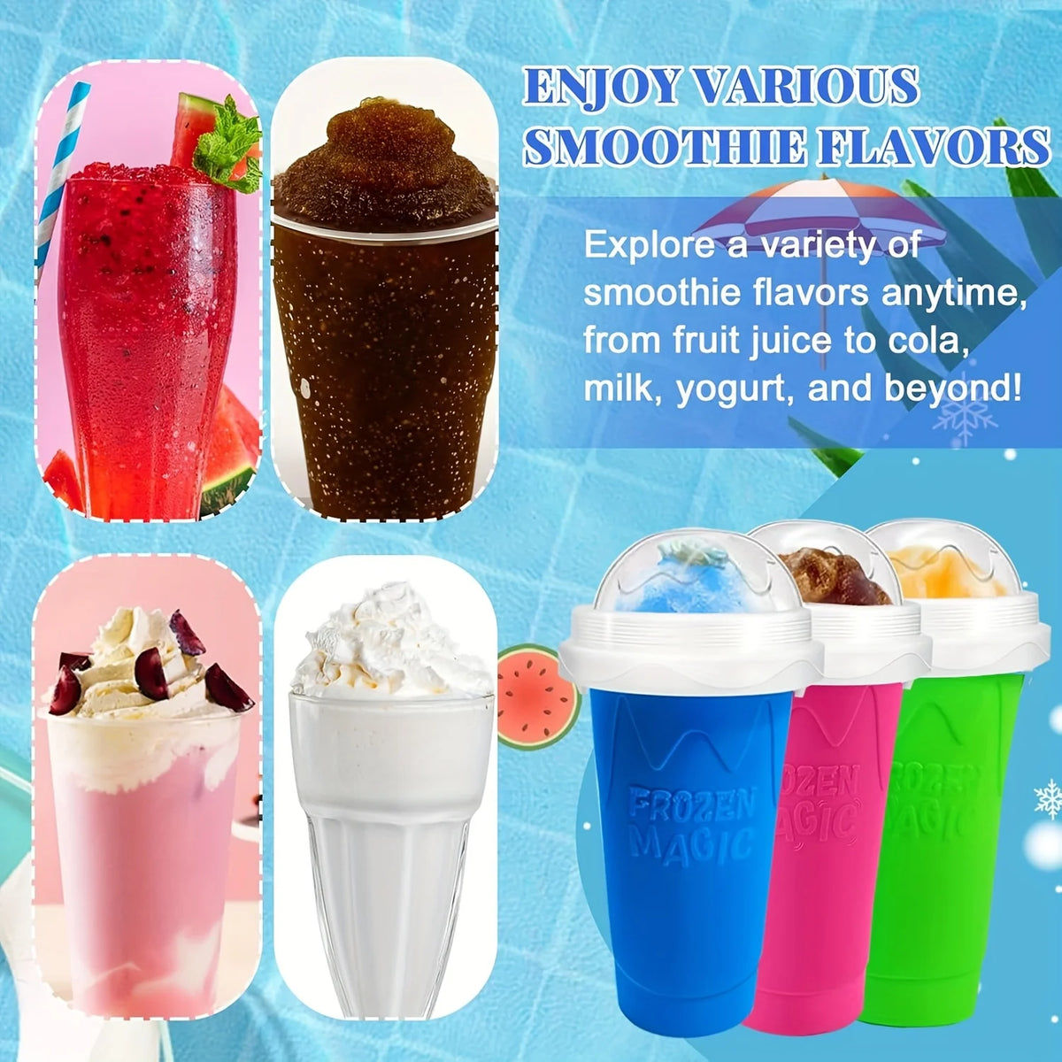 A collection of colorful plastic smoothie cups and a dark brown smoothie in a glass.