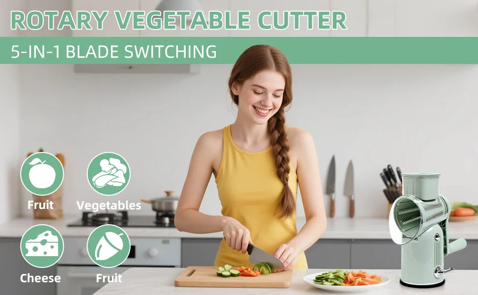 A woman is using a 5-in-1 rotary vegetable cutter to slice fruit and vegetables on a cutting board.