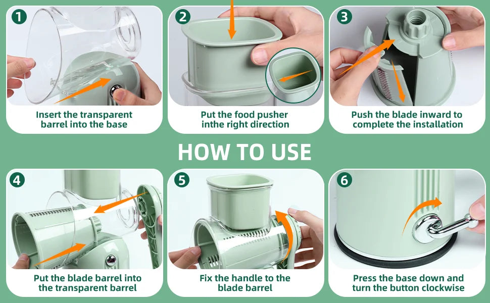 Instructions showing how to install and use a 5-in-1 rotary grater and slicer device.