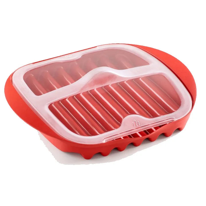 Red silicone microwave bacon maker with a slotted tray for quick low-fat cooking
