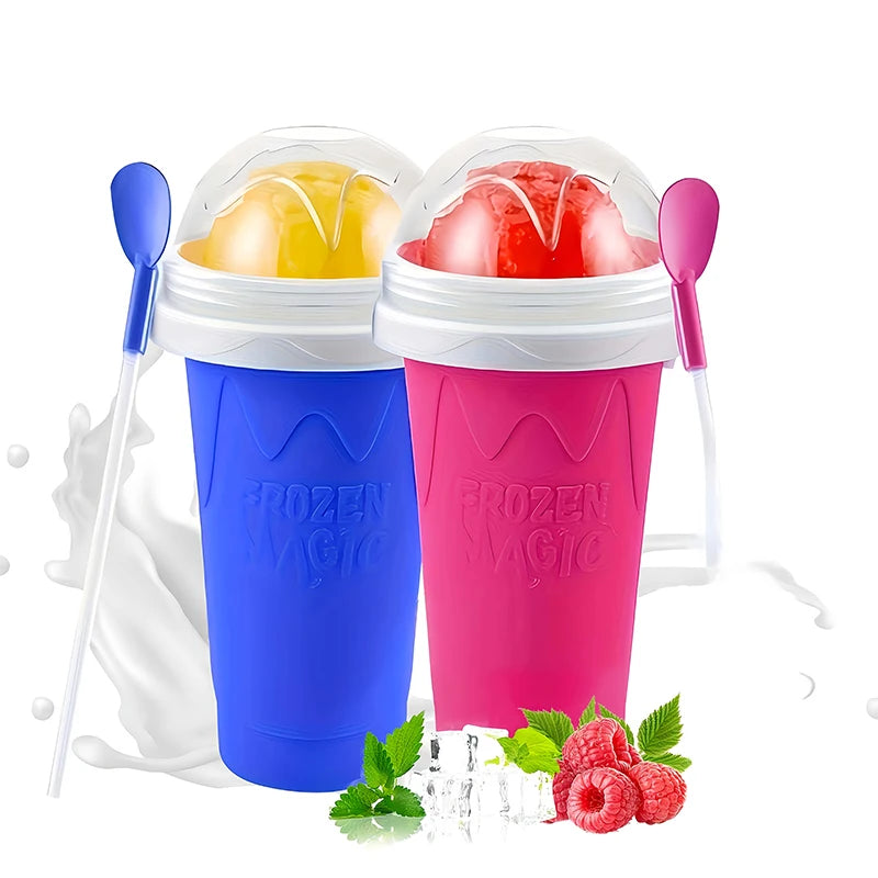 Two plastic cups for a DIY slushy maker, one blue and one pink, filled with fruit.