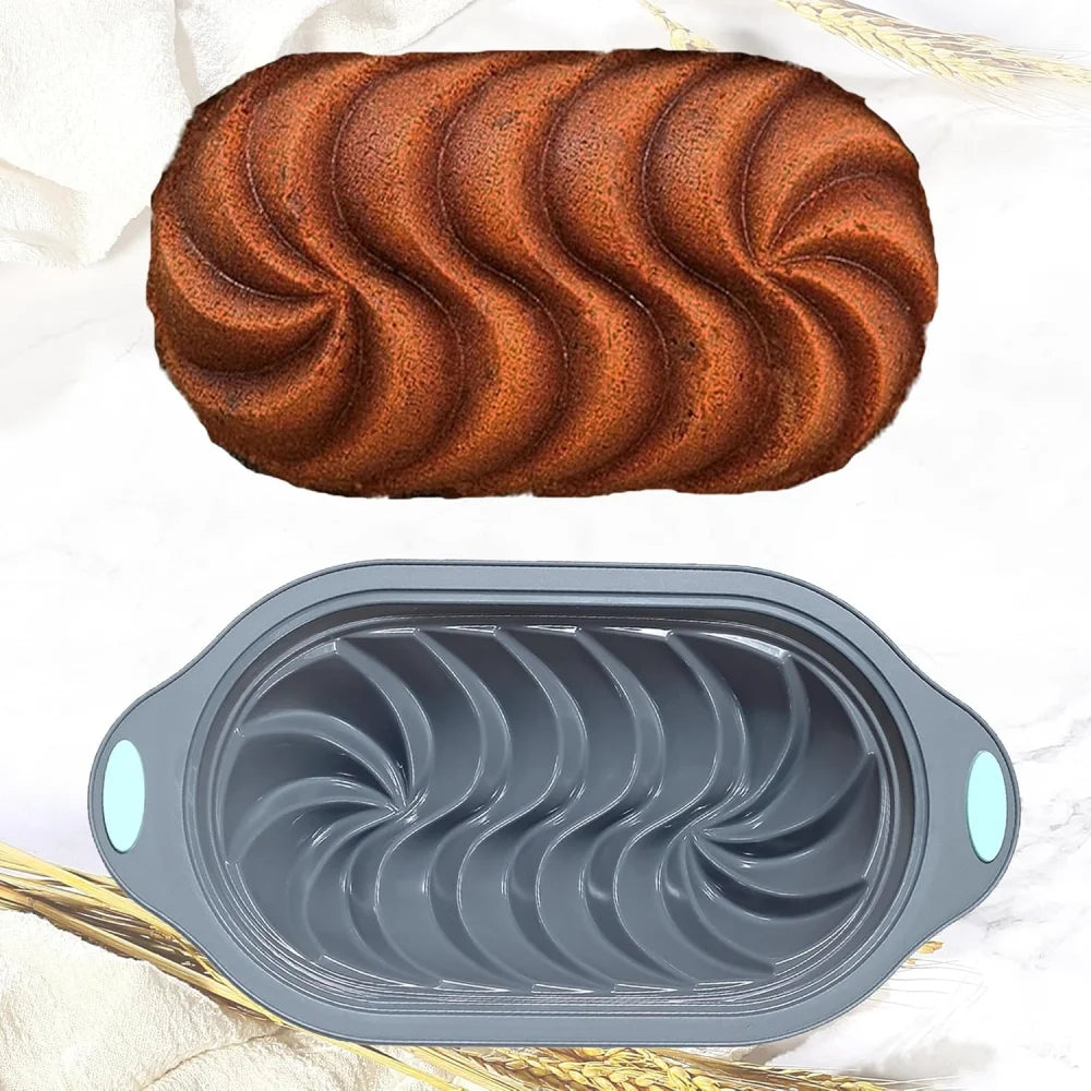 A silicone baking tray set showing a brown swirl pattern and a gray oval tray on a light surface.