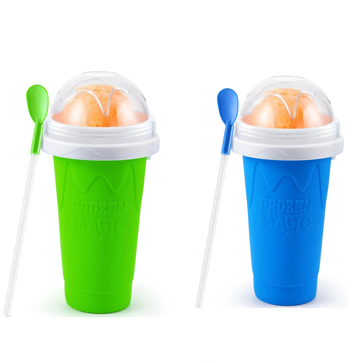 A green and blue DIY slushy maker cup with a clear dome and a spoon.