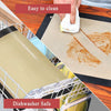 A silicone baking mat is shown being used to clean a rack inside a dishwasher, highlighting its easy-to-clean and dishwasher-