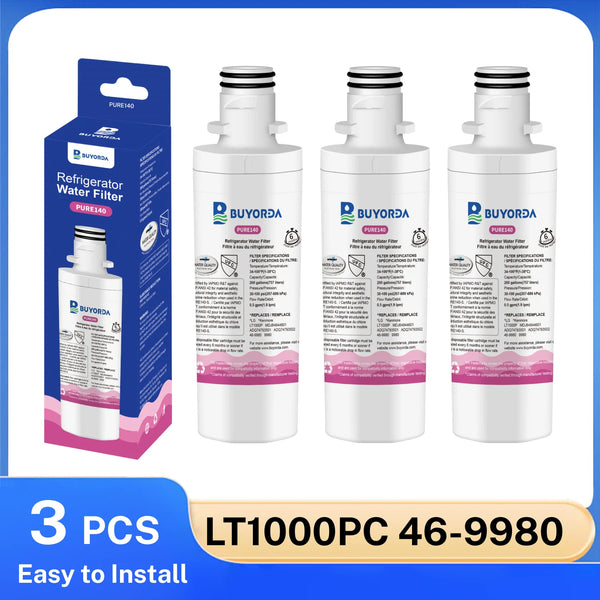 Three white refrigerator water filter replacement cartridges packaged in purple boxes