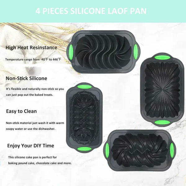 Ein Set aus vier Silikon-Backformen in schwarz und limettengrün zum Backen von Leckereien