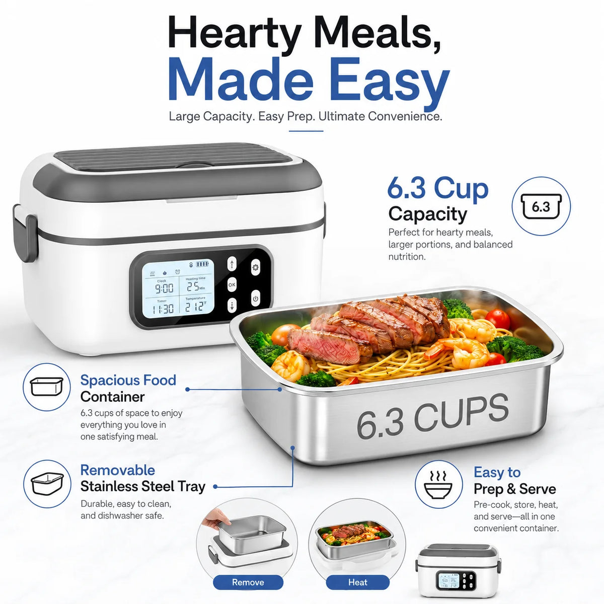 A silver electric heating lunch box with a digital timer and a stainless steel tray is shown alongside its components.