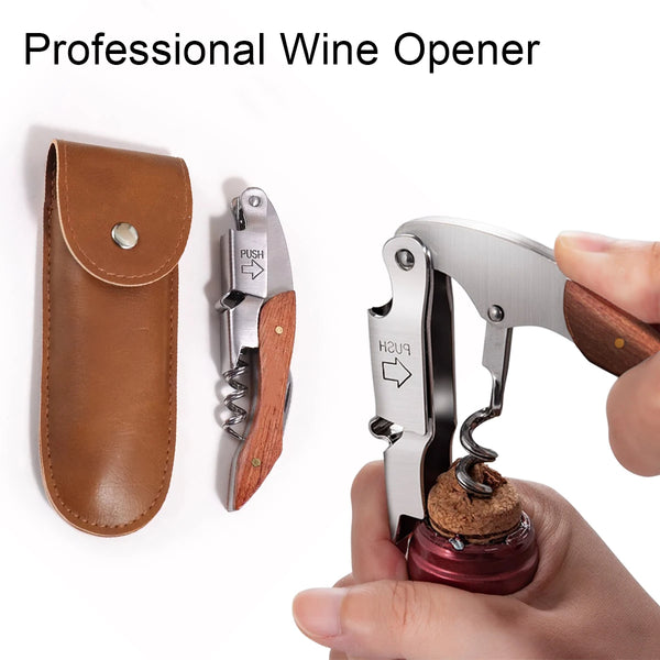 A professional wine opener with a silver blade, wooden handle, and leather storage case being held by a hand.