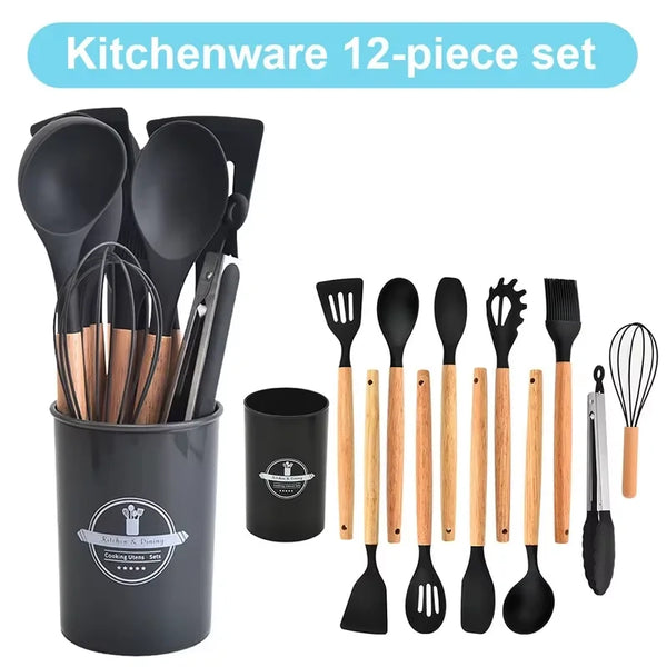 Eine Sammlung von 12 Küchenutensilien aus Silikon und Holz, darunter Spatel, Löffel und Gabeln.