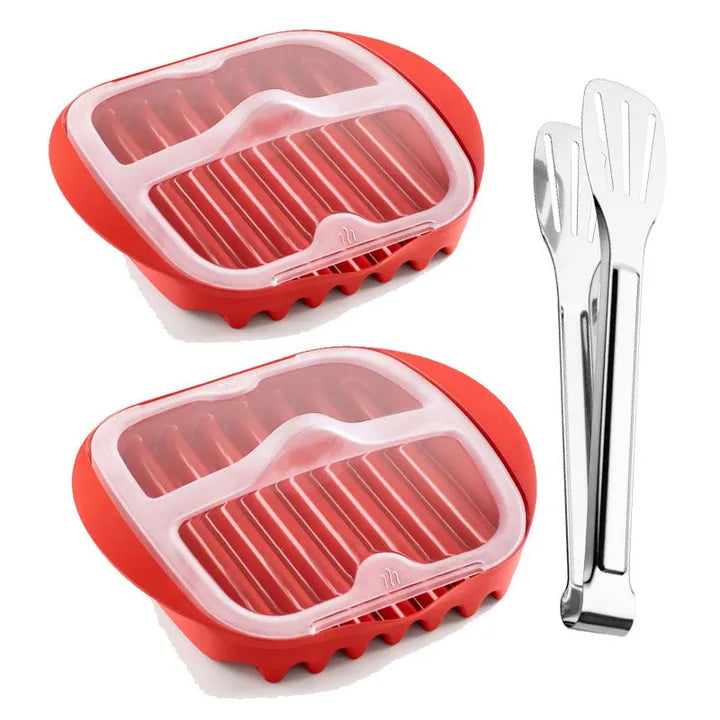 A red silicone microwave bacon maker with a stainless steel spatula is shown.