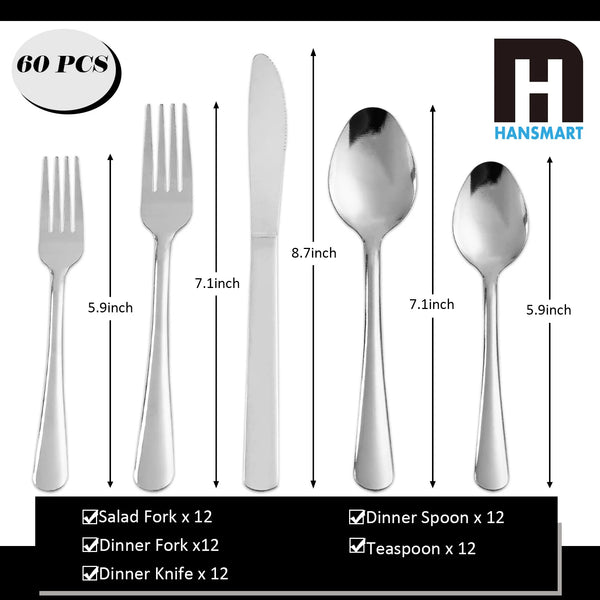 Set aus 60 Edelstahlbesteckstücken, einschließlich Gabeln, Messer, Löffeln und Teelöffeln zum Essen.