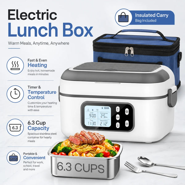 A white electric heating lunch box with a digital display and a stainless steel container of food.