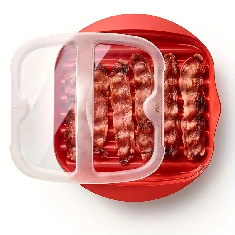 A red silicone microwave bacon maker containing several strips of cooked bacon.