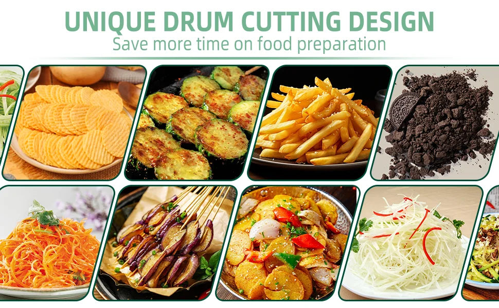 A collection of food items including fried potatoes, seasoned meat, and shredded vegetables, demonstrating a unique drum cutt