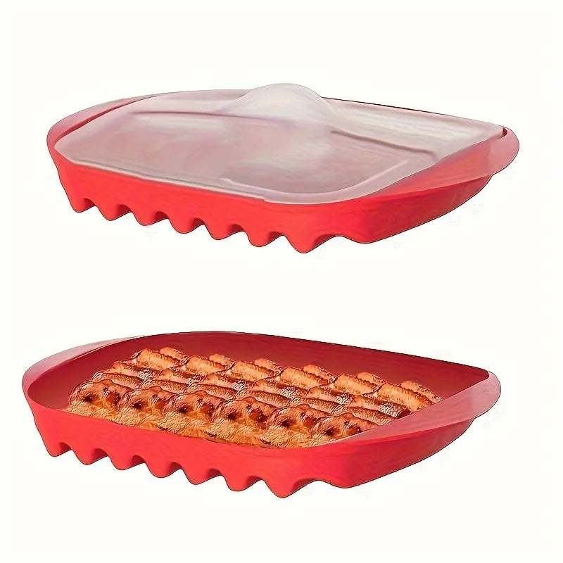 Red silicone microwave bacon maker with ridges for quick, low-fat cooking