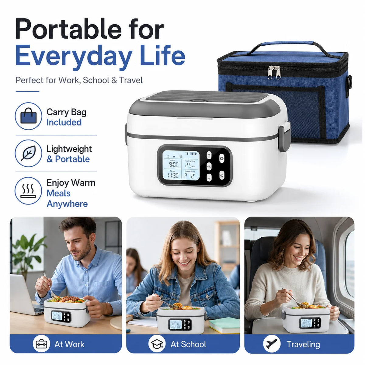 A portable electric heating lunch box with a digital timer shown in various contexts: at work, at school, and during travel.