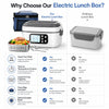 A white electric lunch box with a digital display and a blue carrying case is shown next to an ordinary lunch box.