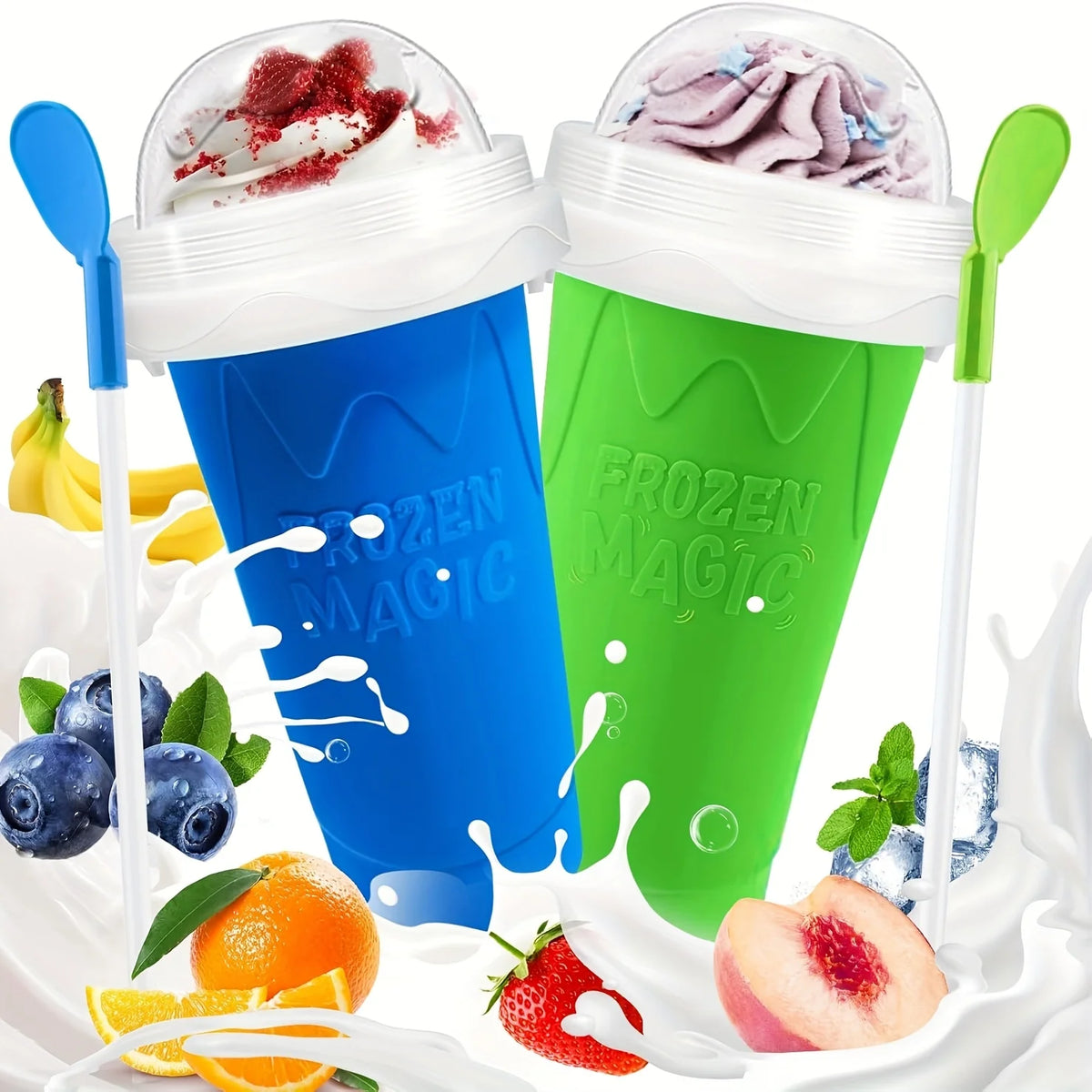 A blue and green DIY slushy maker cup filled with colorful fruit pieces like berries, citrus, and strawberries.