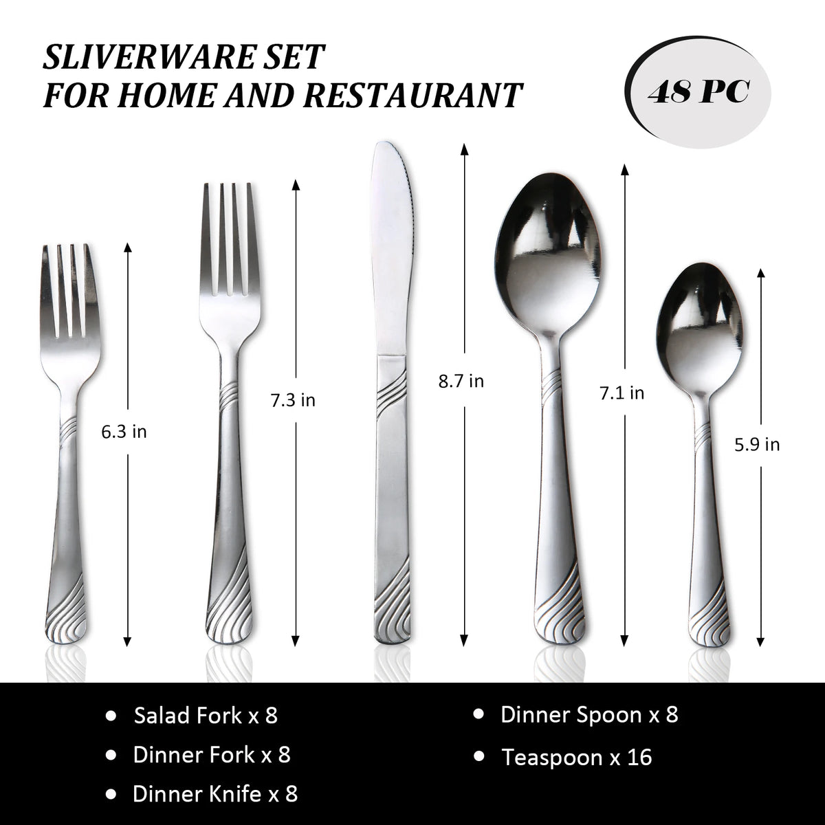 A set of 48 pieces of stainless steel flatware including forks, knives, spoons, and teaspoons for home and restaurant use.