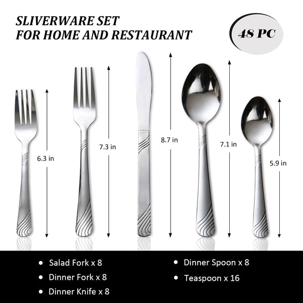 Set aus 48 Edelstahlbesteckstücken, einschließlich Gabeln, Messer, Löffeln und Teelöffeln für Zuhause und Restaurant