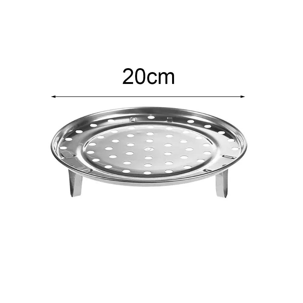 A round stainless steel food steamer rack with a 20cm diameter.