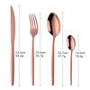 A set of elegant rose gold stainless steel flatware including a knife, fork, spoon, and knife.
