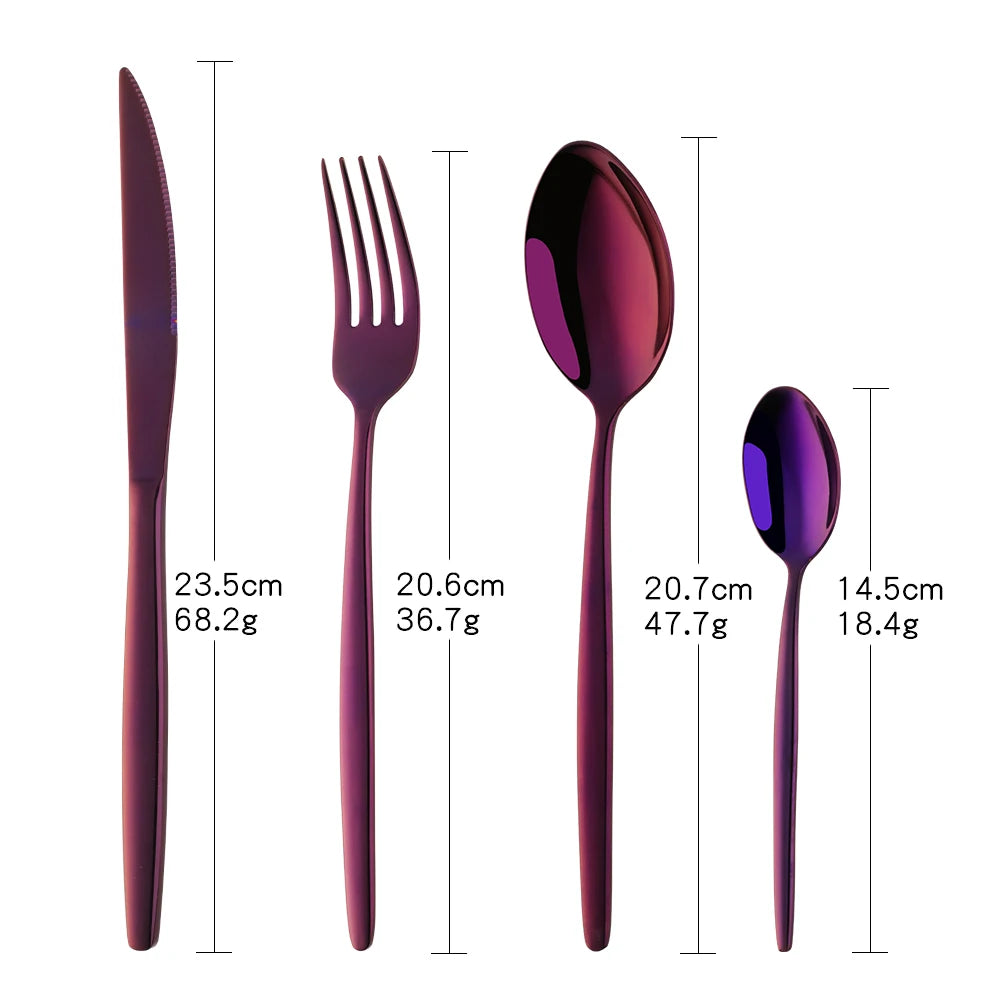A set of elegant, deep purple stainless steel flatware including a knife, fork, and spoon.