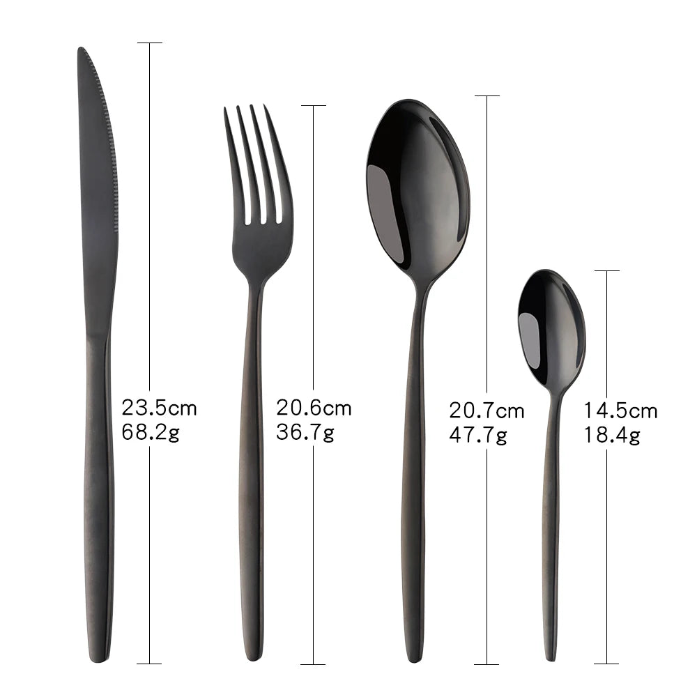 A set of elegant black stainless steel flatware including a knife, fork, spoon, and knife.
