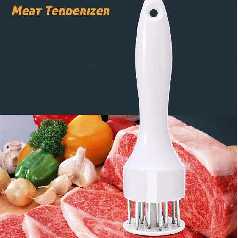 A white meat tenderizer tool is shown positioned over raw red meat, demonstrating its use for tenderizing.