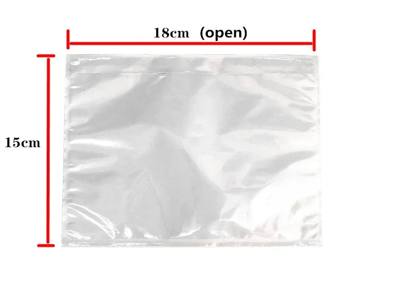 A clear self-seal poly mailer envelope with dimensions of 18cm open by 15cm.
