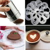 A set of stainless steel chocolate shakers and coffee art stencils showing a shaker and various decorative molds.