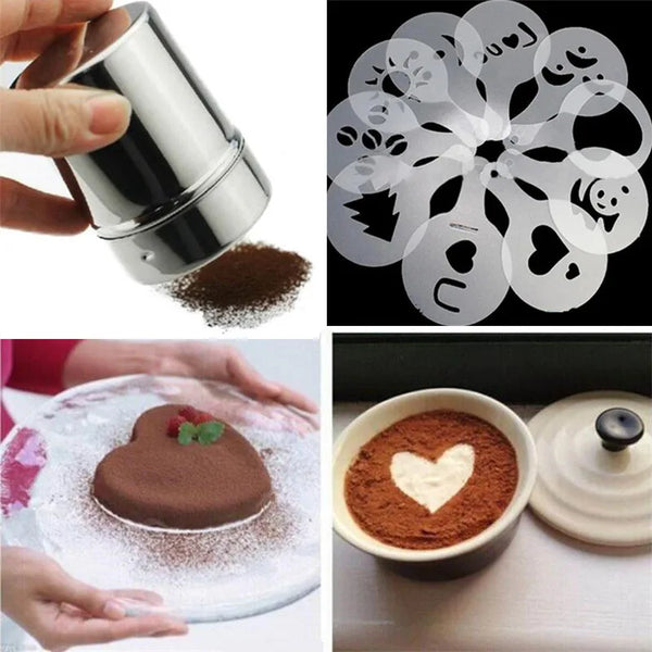 Set aus Edelstahl-Schokoschäckern und Kaffee-Art-Stempeln mit verschiedenen Dekormustern.