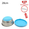 Stainless steel mixing bowl with a blue silicone lid and an 8 inch egg beater shown next to the bowl.