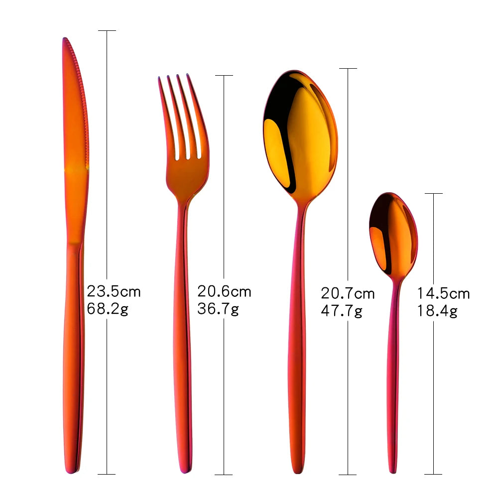 A set of elegant stainless steel flatware including a knife, fork, and spoon in a vibrant orange color.