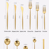 A set of matte gold stainless steel cutlery including knives, forks, spoons, and chopsticks.
