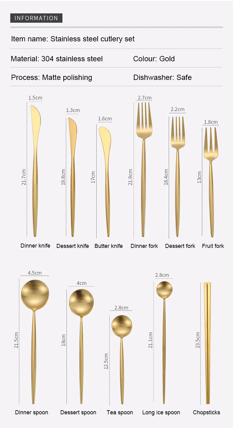 A set of matte gold stainless steel cutlery including knives, forks, spoons, and chopsticks.
