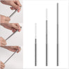 Stainless steel telescopic drinking straws with cleaning brushes shown in various hand grips and full view.