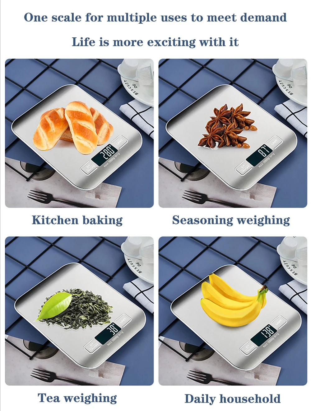 A stainless steel digital kitchen scale shown in four uses: baking, seasoning weighing, tea weighing, and daily household mea